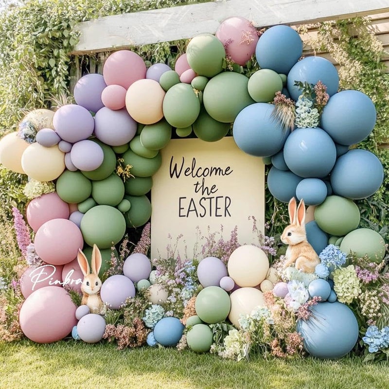 Pinbra Blue Green Pink Balloon Garland Double Stuffed Sage Green Dusty Blue Pink Purple Lavender Balloons Pastel Balloon Arch Kit for Easter Birthday Baby Shower Gender Reveal Flower Tea Party Decorations - Image 1