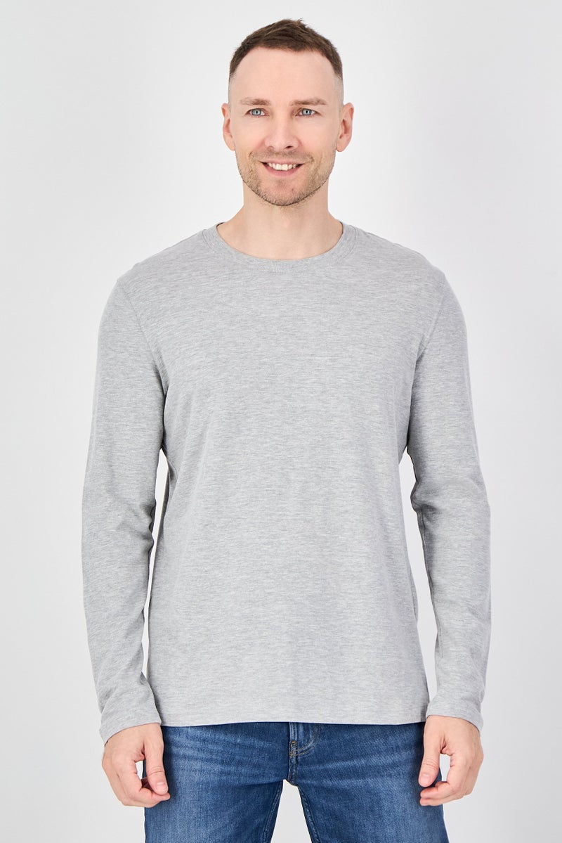 Celio Men Crew Neck Long Sleeve Plain T-Shirts, Light Grey - Image 1