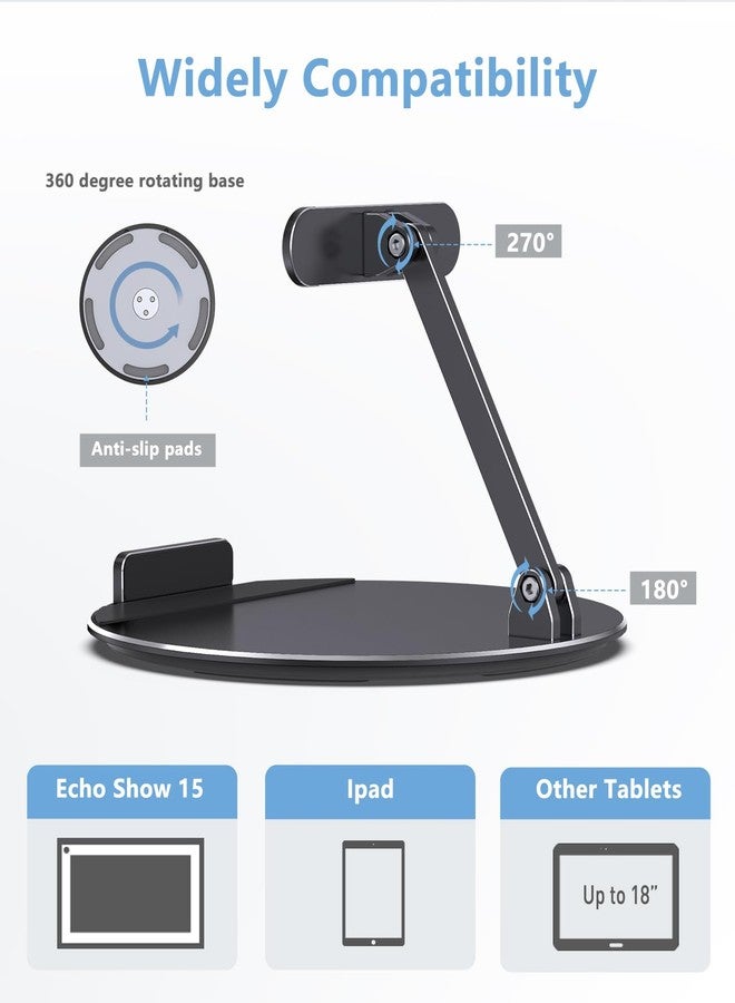 Almoz Swivel and Tilt Stand for Echo Show 15, Aluminum Stand for Show 15.6" Smart Display and Up to 18" iPad/Tablets, with 360 Degree Rotating Base, Viewing Angle Adjustable, No Need Mounting (Black) - Image 2
