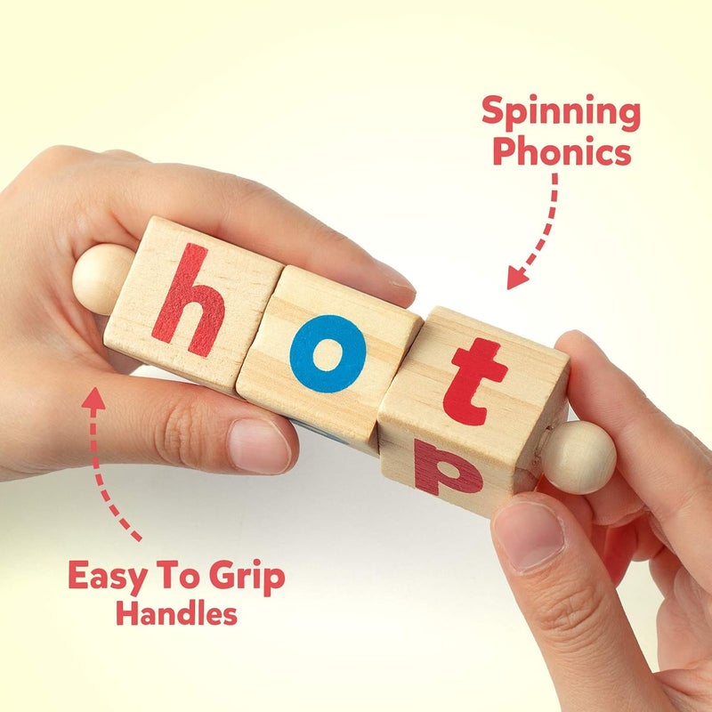 Coogam Wooden Reading Blocks Short Vowel Rods Spelling Games, Flash Cards Turning Rotating Letter Puzzle for Kids, Sight Words Montessori Spinning Alphabet Learning Toy for Preschool Boys Girls - Image 1