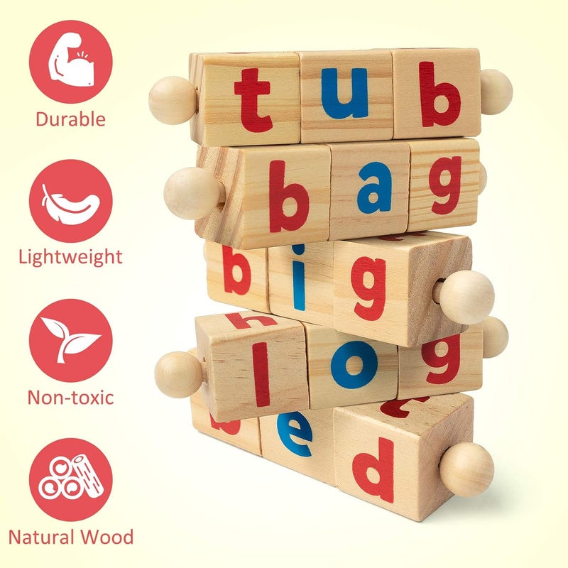 Coogam Wooden Reading Blocks Short Vowel Rods Spelling Games, Flash Cards Turning Rotating Letter Puzzle for Kids, Sight Words Montessori Spinning Alphabet Learning Toy for Preschool Boys Girls - Image 4