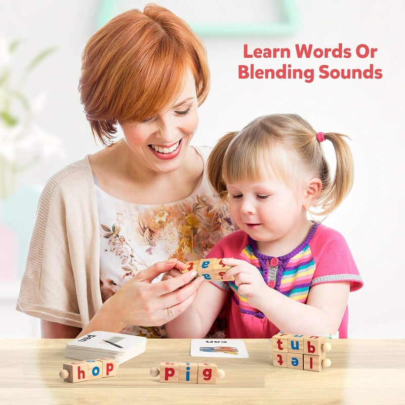 Coogam Wooden Reading Blocks Short Vowel Rods Spelling Games, Flash Cards Turning Rotating Letter Puzzle for Kids, Sight Words Montessori Spinning Alphabet Learning Toy for Preschool Boys Girls - Image 3