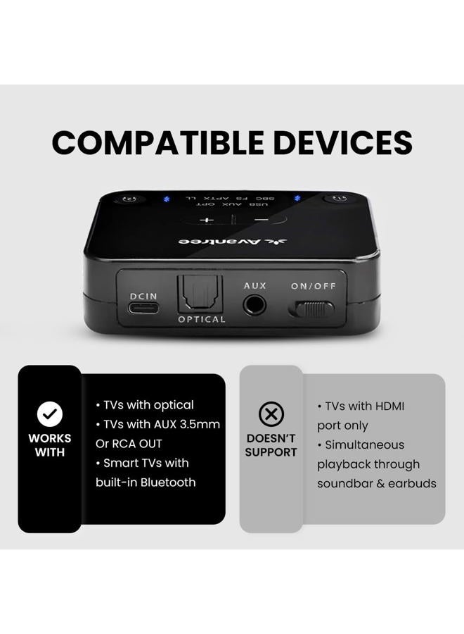 Avantree HT4186 Wireless Neckband Headphones Earbuds for TV Watching & PC with Bluetooth Transmitter Set, for Optical Digital Audio, RCA, 3.5mm AUX Ported TVs, Plug & Play, No Delay, Long Range - Image 3
