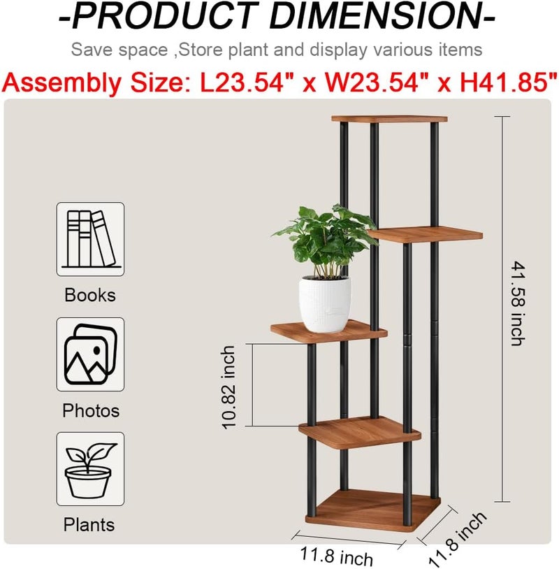 AZERPIAN Plant Stand 5 Tier Indoor Metal Flower Shelf for Multiple Plants Corner Tall Flower Holders for Patio Garden Living Room Balcony Bedroom, Walnut (5 Tier-Walnut) - Image 3