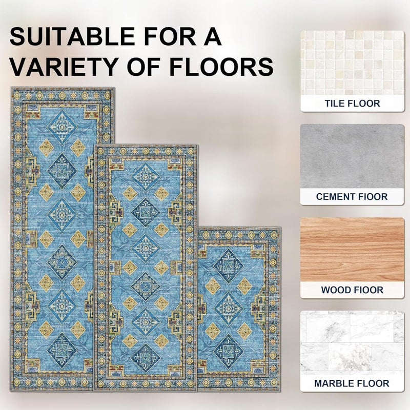 Tritard 100% Non Slip Kitchen Rugs Sets of 3 Washable Boho Kitchen Mats for Floor Vintage Farmhouse Kitchen Rug Soft Runner Rug for Hallway, Laundry Room, Indoor Entryway, Light Blue - Image 3
