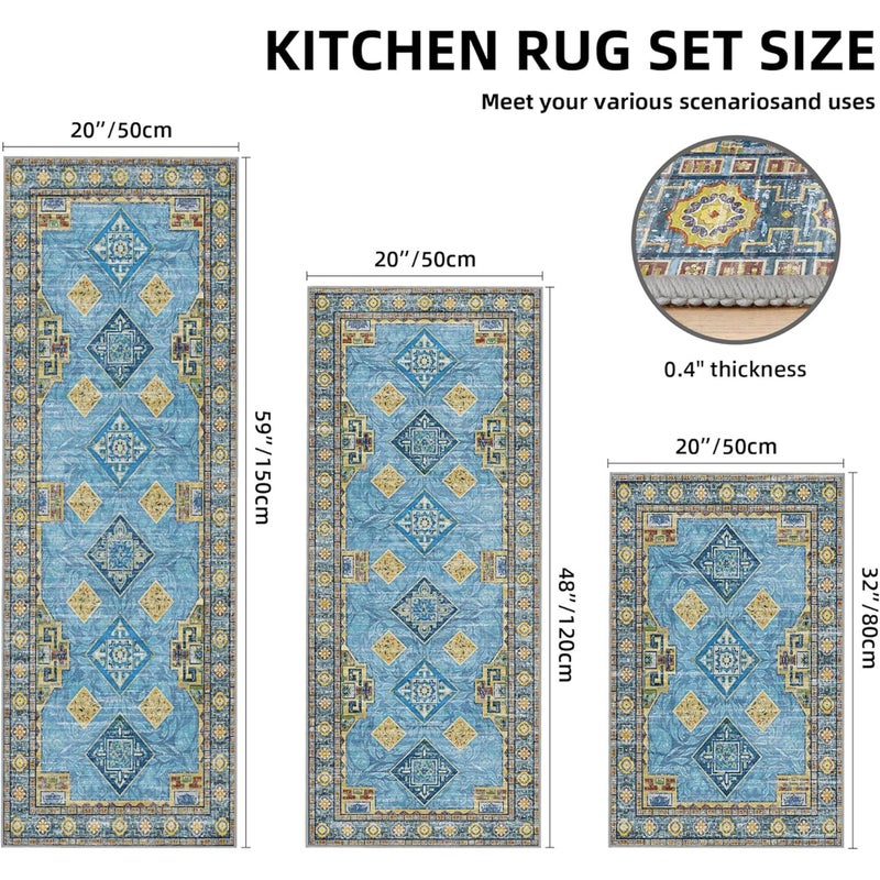 Tritard 100% Non Slip Kitchen Rugs Sets of 3 Washable Boho Kitchen Mats for Floor Vintage Farmhouse Kitchen Rug Soft Runner Rug for Hallway, Laundry Room, Indoor Entryway, Light Blue - Image 5
