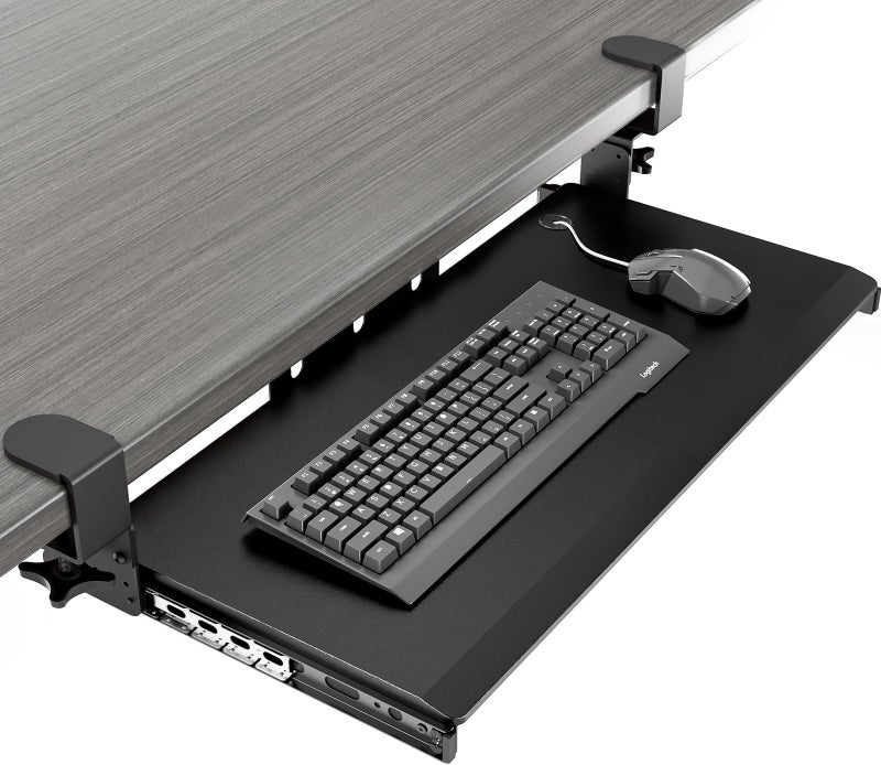 AX WABER Keyboard Tray Under Desk Pull Out with Extra Sturdy Adjustable C Clamp Mount System, 27.3 (32.5 inch Including Clamps) x 11 Inch Slide-Out Platform Computer Drawer for Typing, Black,AX01WB01 - Image 1