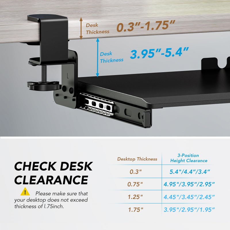 AX WABER Keyboard Tray Under Desk Pull Out with Extra Sturdy Adjustable C Clamp Mount System, 27.3 (32.5 inch Including Clamps) x 11 Inch Slide-Out Platform Computer Drawer for Typing, Black,AX01WB01 - Image 4