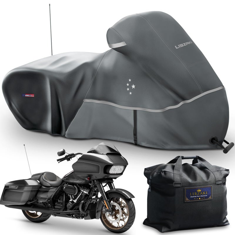 Motorcycle Cover LI LIBZAKI 600D Heavy Duty Storage for Touring Models Harley Davidson Road KingRoad GlideStreet Glide Electra GlideHeritage ClassicLow RiderSTand Most MotorcyclesGray