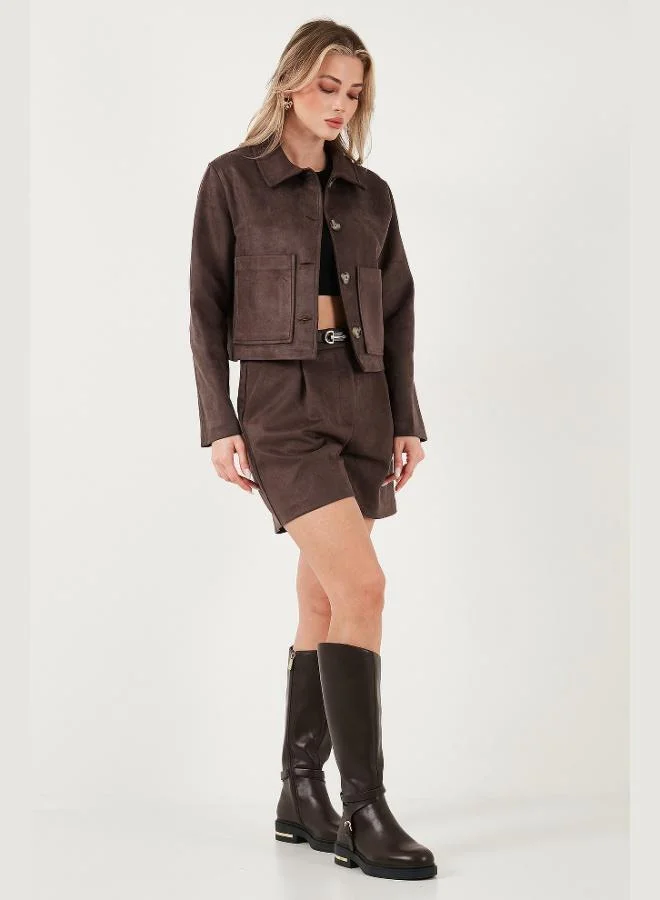 ليلا جاكيت ليلا نسائي بياقة كلاسيكية بقصة عادية من جلد الغزال مع تفاصيل جيوب