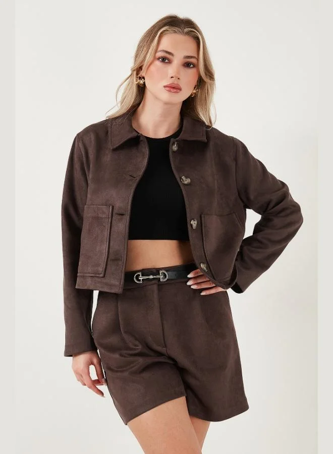 ليلا جاكيت ليلا نسائي بياقة كلاسيكية بقصة عادية من جلد الغزال مع تفاصيل جيوب