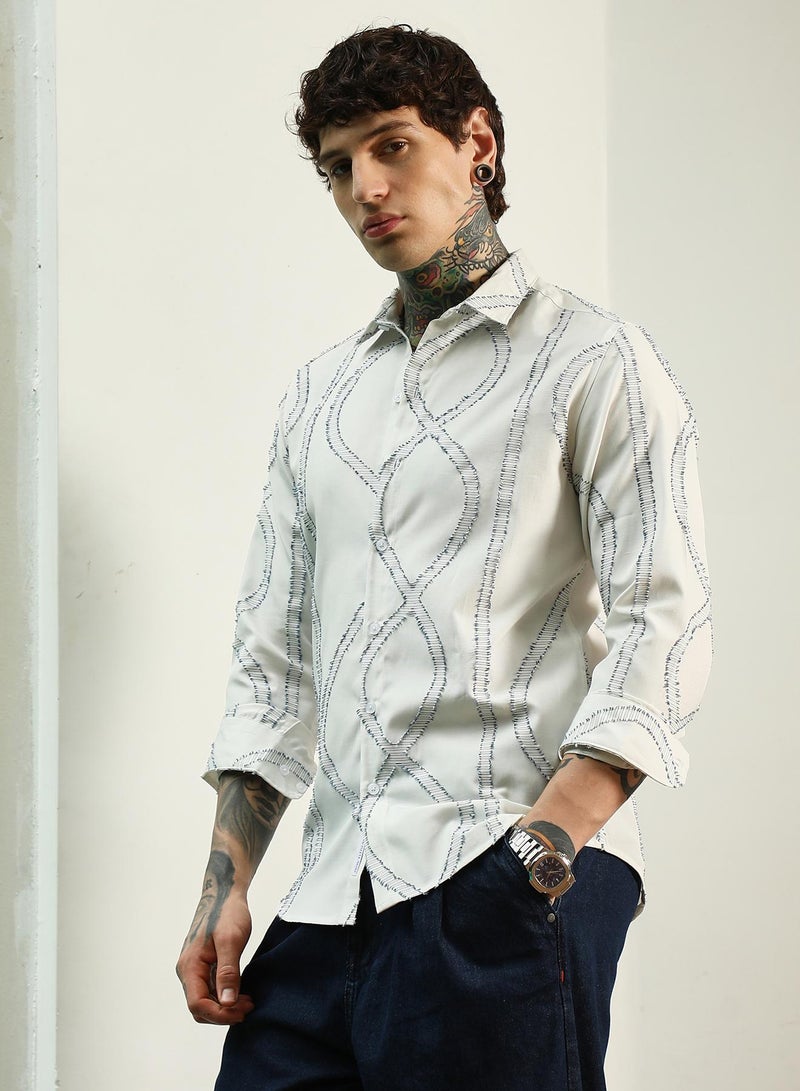 Campus Sutra Men's White Stitched Pattern Shirt - Cotton Polyester Blend  - Image 3