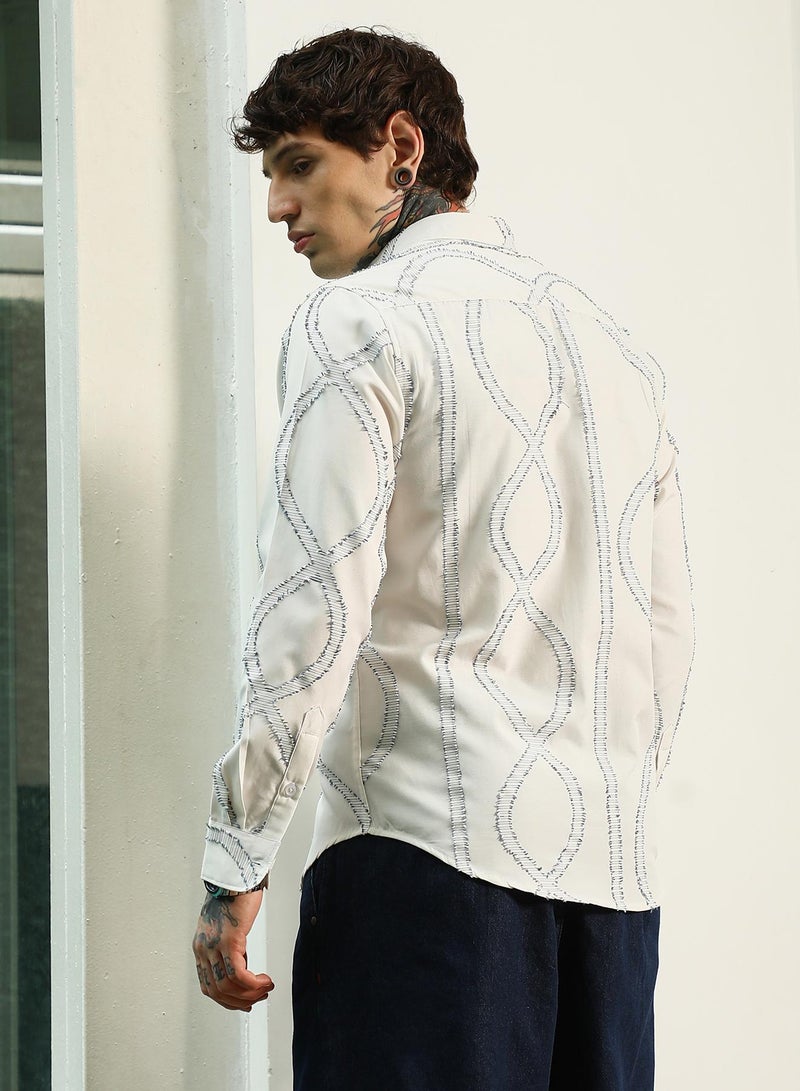Campus Sutra Men's White Stitched Pattern Shirt - Cotton Polyester Blend  - Image 5