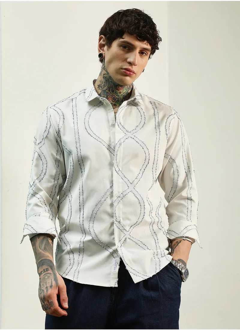 كامبوس سوترا Men's White Stitched Pattern Shirt - Cotton Polyester Blend