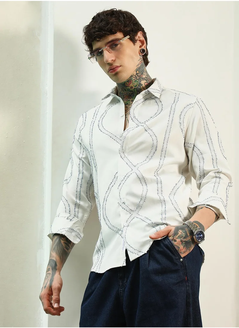 كامبوس سوترا Men's White Stitched Pattern Shirt - Cotton Polyester Blend