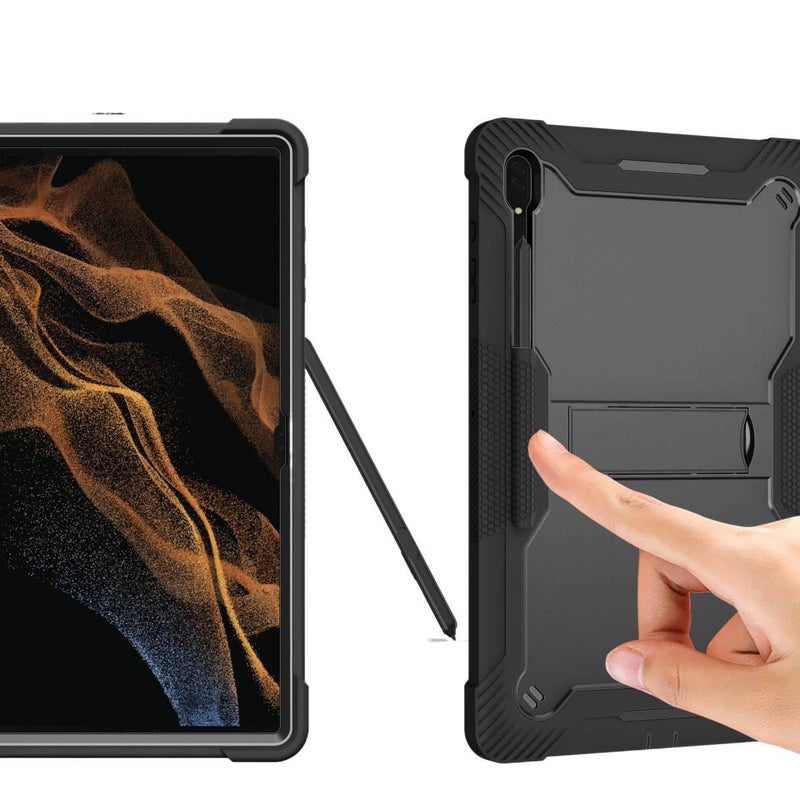 حافظة سامسونج تاب مقاومة للصدمات متوافقة مع Samsung Galaxy Tab S10 Ultra / Samsung Galaxy Tab S9 / Samsung Galaxy Tab S8 / Samsung Galaxy Tab S7 FE باللون أحمر مع غطاء حماية ووظيف. - Image 4