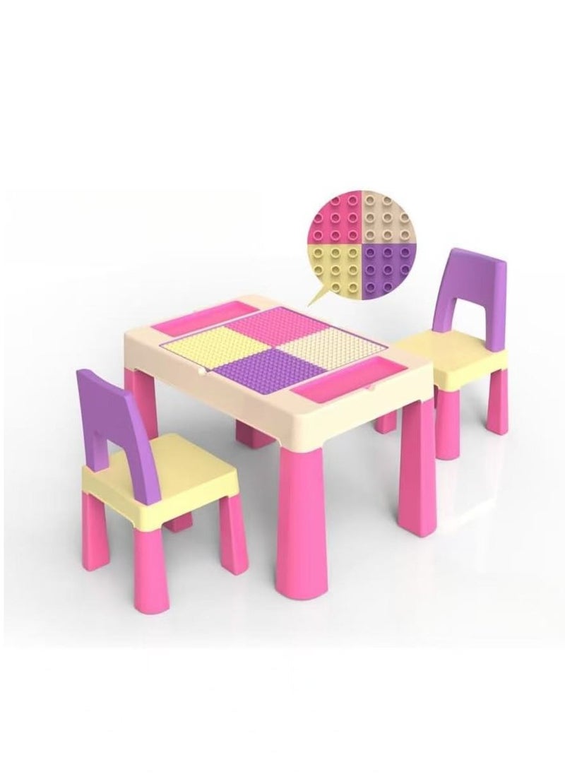 HAOWINS-PAN Home Canvas Multi Functional Early Learning Study Table & Chair Set For Kids, Children's Building Blocks Table and Chair Multi-color 2, Pink  - Image 1