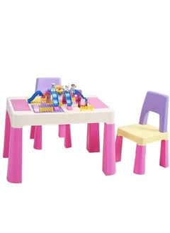 HAOWINS-PAN Home Canvas Multi Functional Early Learning Study Table & Chair Set For Kids, Children's Building Blocks Table and Chair Multi-color 2, Pink  - Image 2