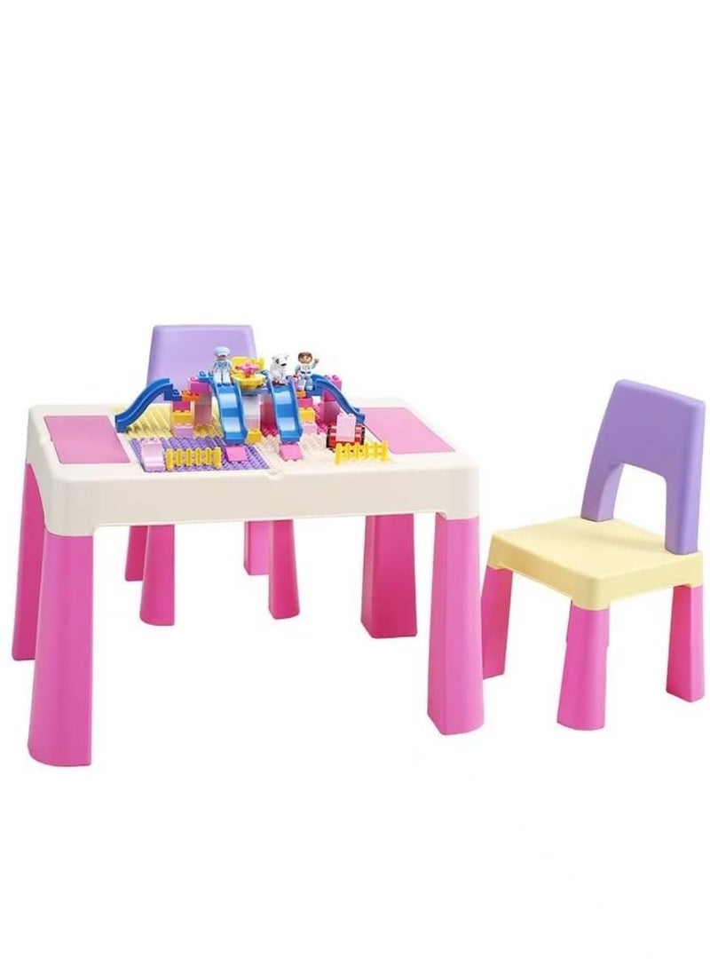 HAOWINS-PAN Home Canvas Multi Functional Early Learning Study Table & Chair Set For Kids, Children's Building Blocks Table and Chair Multi-color 2, Pink  - Image 2