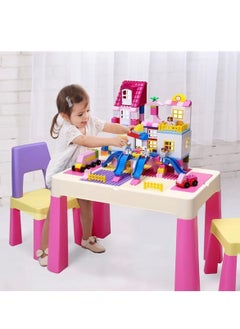 HAOWINS-PAN Home Canvas Multi Functional Early Learning Study Table & Chair Set For Kids, Children's Building Blocks Table and Chair Multi-color 2, Pink  - Image 3