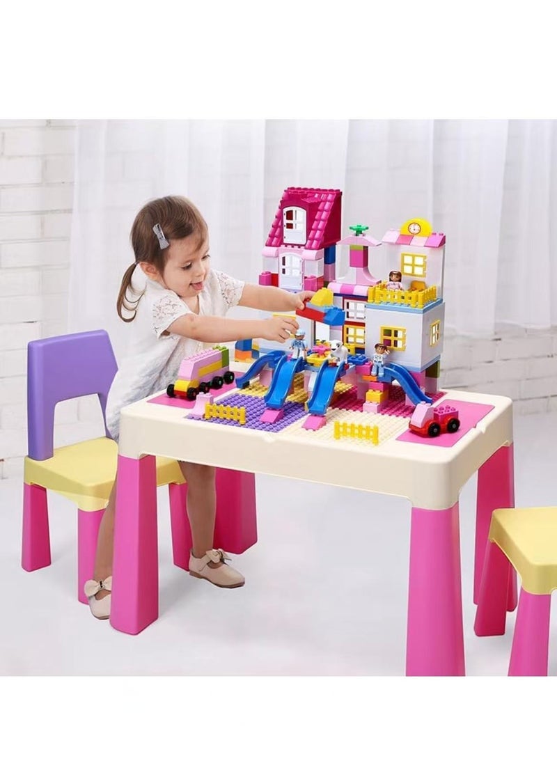HAOWINS-PAN Home Canvas Multi Functional Early Learning Study Table & Chair Set For Kids, Children's Building Blocks Table and Chair Multi-color 2, Pink  - Image 3