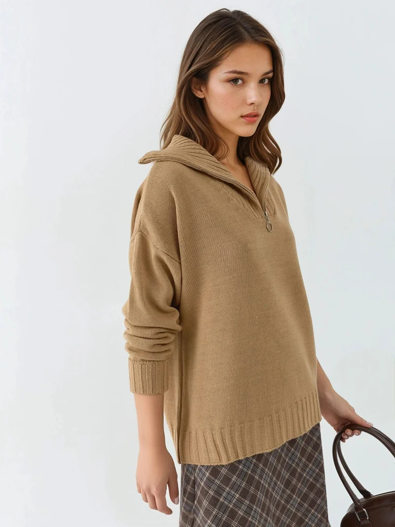 MY FASHION Camel Brown MY FASHION Oversized Ribbed Knit Sweater with Zipper Collar for Women | Best Price UAE