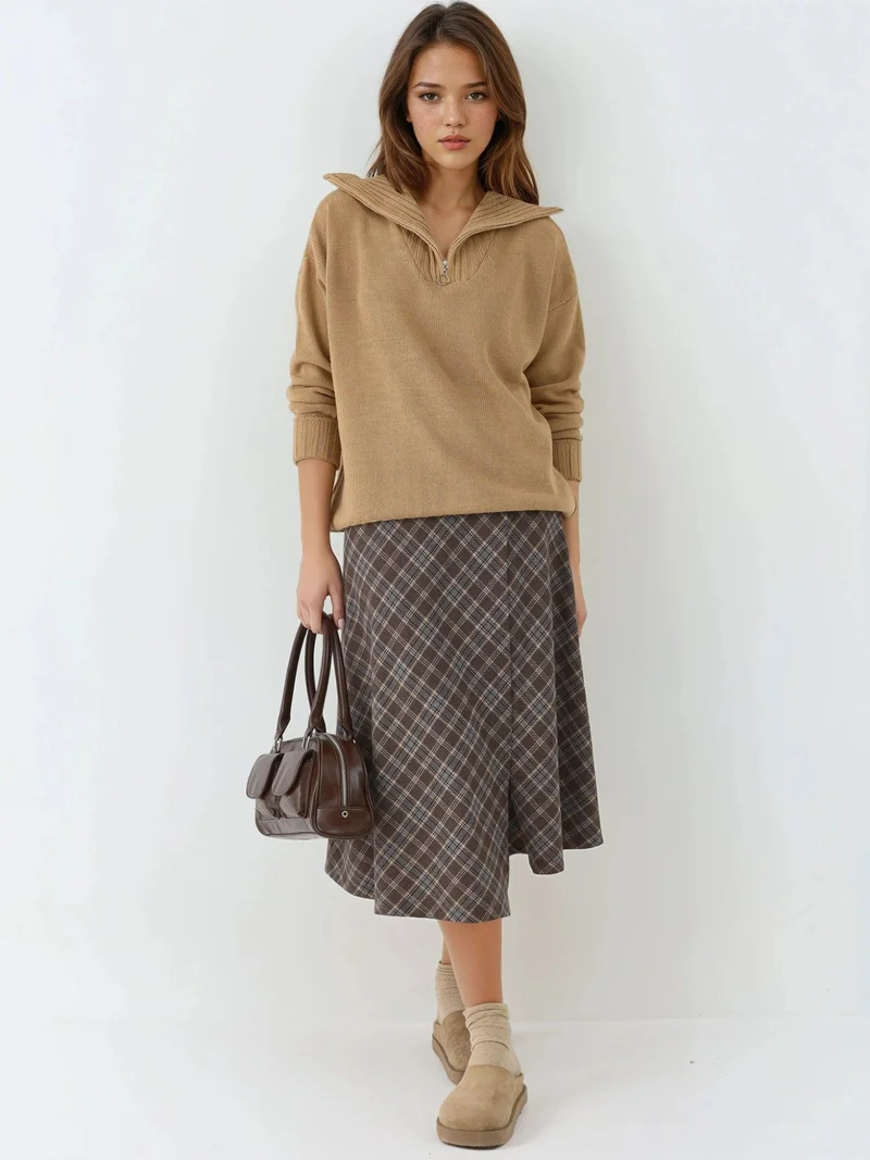 My Fashion Camel Brown MY FASHION Oversized Ribbed Knit Sweater with Zipper Collar for Women | Best Price UAE