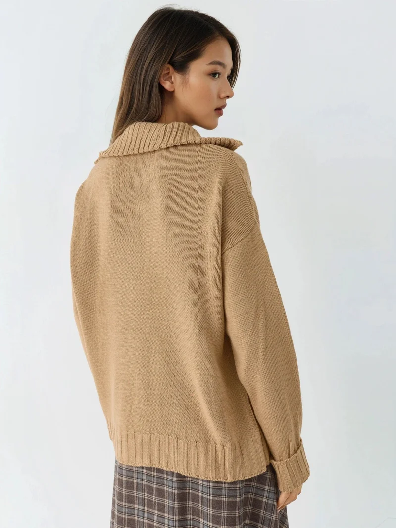 My Fashion Camel Brown MY FASHION Oversized Ribbed Knit Sweater with Zipper Collar for Women | Best Price UAE