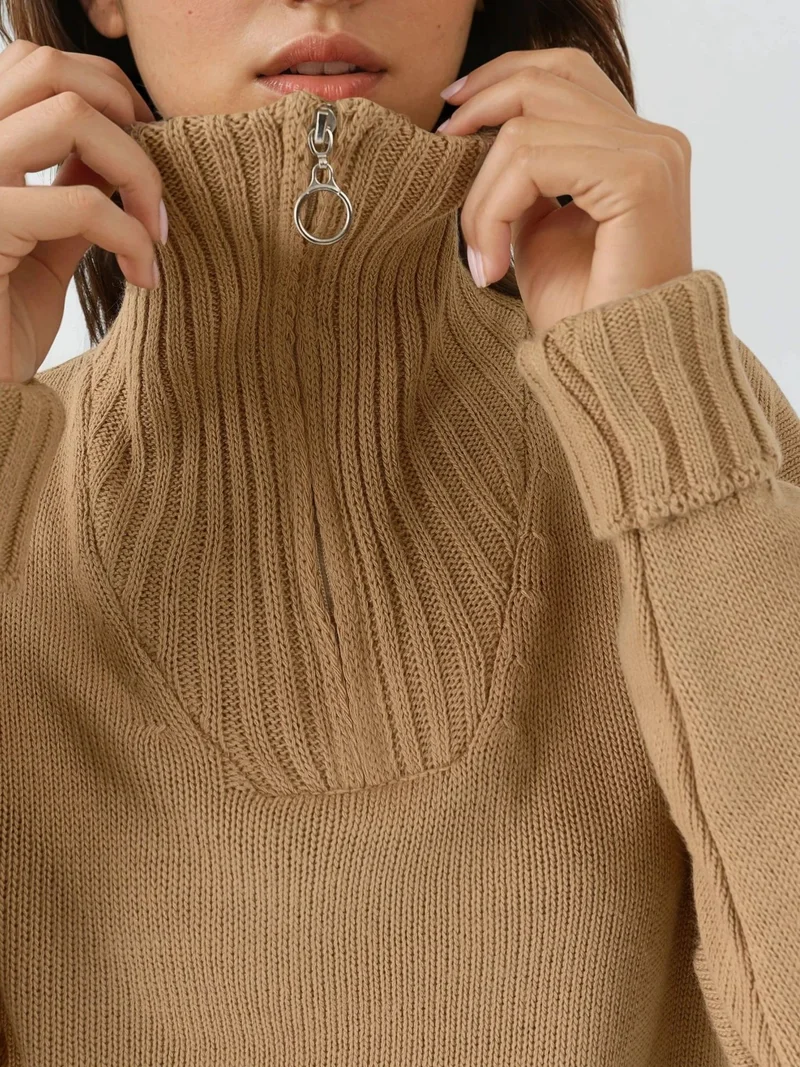 My Fashion Camel Brown MY FASHION Oversized Ribbed Knit Sweater with Zipper Collar for Women | Best Price UAE