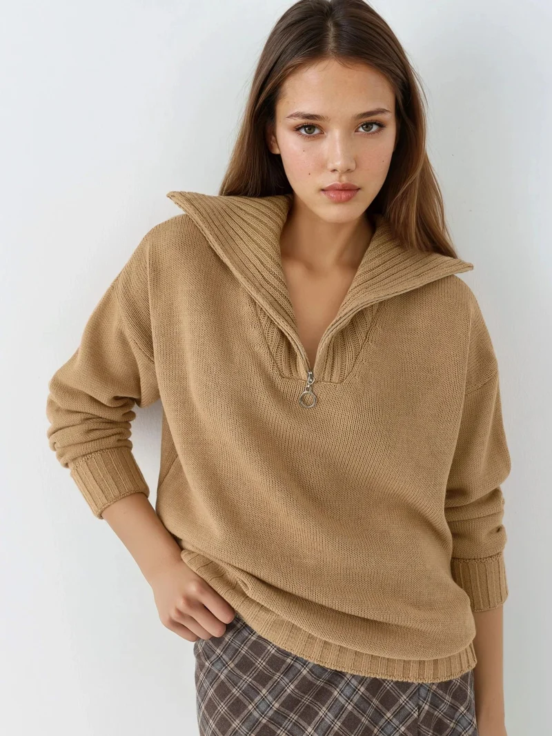 MY FASHION Oversized Ribbed Knit Sweater with Zipper Collar