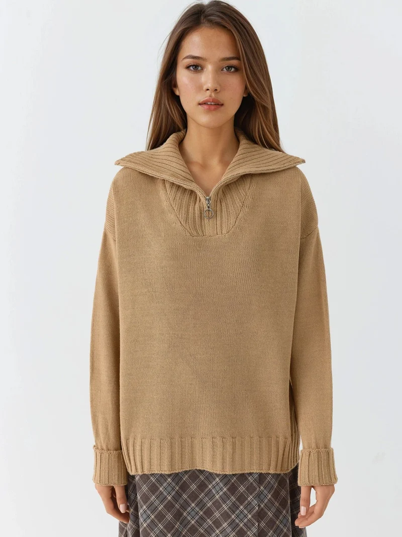 My Fashion Camel Brown MY FASHION Oversized Ribbed Knit Sweater with Zipper Collar for Women | Best Price UAE