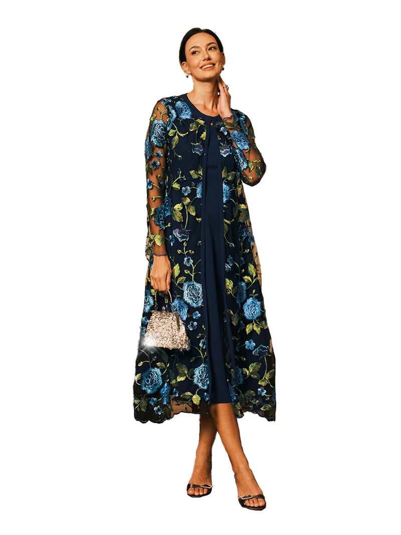 ORAULISA Women's Maxi Dresses 2 Piece Outfit Wedding Guest Cocktail Tea Party Dress Ruffle Lace Floral Casual Formal Evening Dress Navy Blue - Image 1
