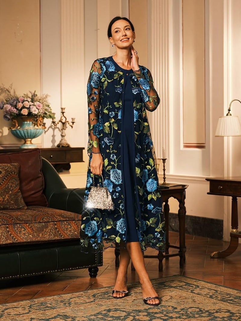 ORAULISA Women's Maxi Dresses 2 Piece Outfit Wedding Guest Cocktail Tea Party Dress Ruffle Lace Floral Casual Formal Evening Dress Navy Blue - Image 2
