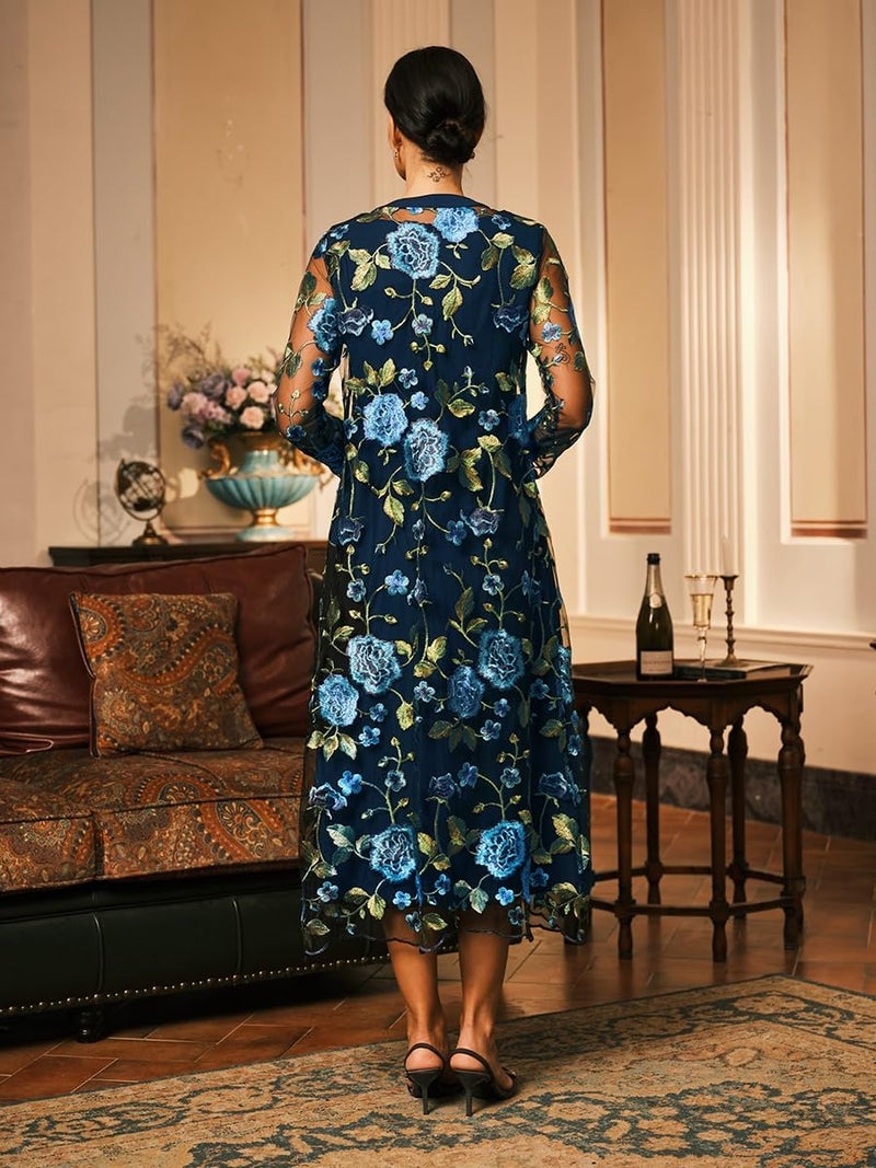 ORAULISA Women's Maxi Dresses 2 Piece Outfit Wedding Guest Cocktail Tea Party Dress Ruffle Lace Floral Casual Formal Evening Dress Navy Blue - Image 3