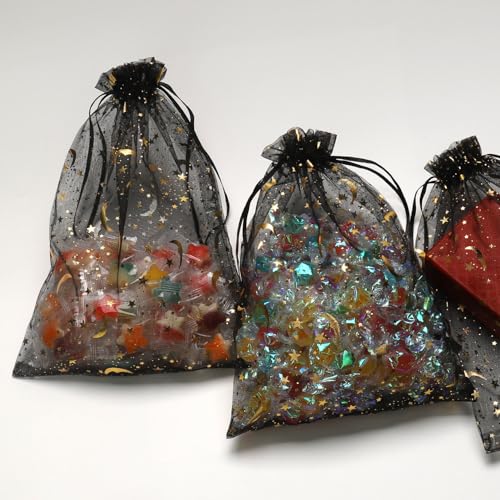 SUNGULF 100Pcs 6x9 Inches Sheer Organza Drawstring Pouches Stars And Moon Wedding Party Favor Jewelry Candy Gift Bags (Black) - Image 4