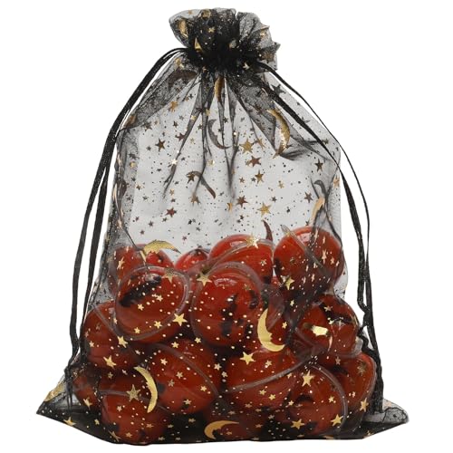 SUNGULF 100Pcs 6x9 Inches Sheer Organza Drawstring Pouches Stars And Moon Wedding Party Favor Jewelry Candy Gift Bags (Black) - Image 1