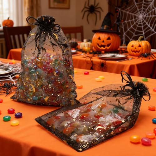 SUNGULF 100Pcs 6x9 Inches Sheer Organza Drawstring Pouches Stars And Moon Wedding Party Favor Jewelry Candy Gift Bags (Black) - Image 5