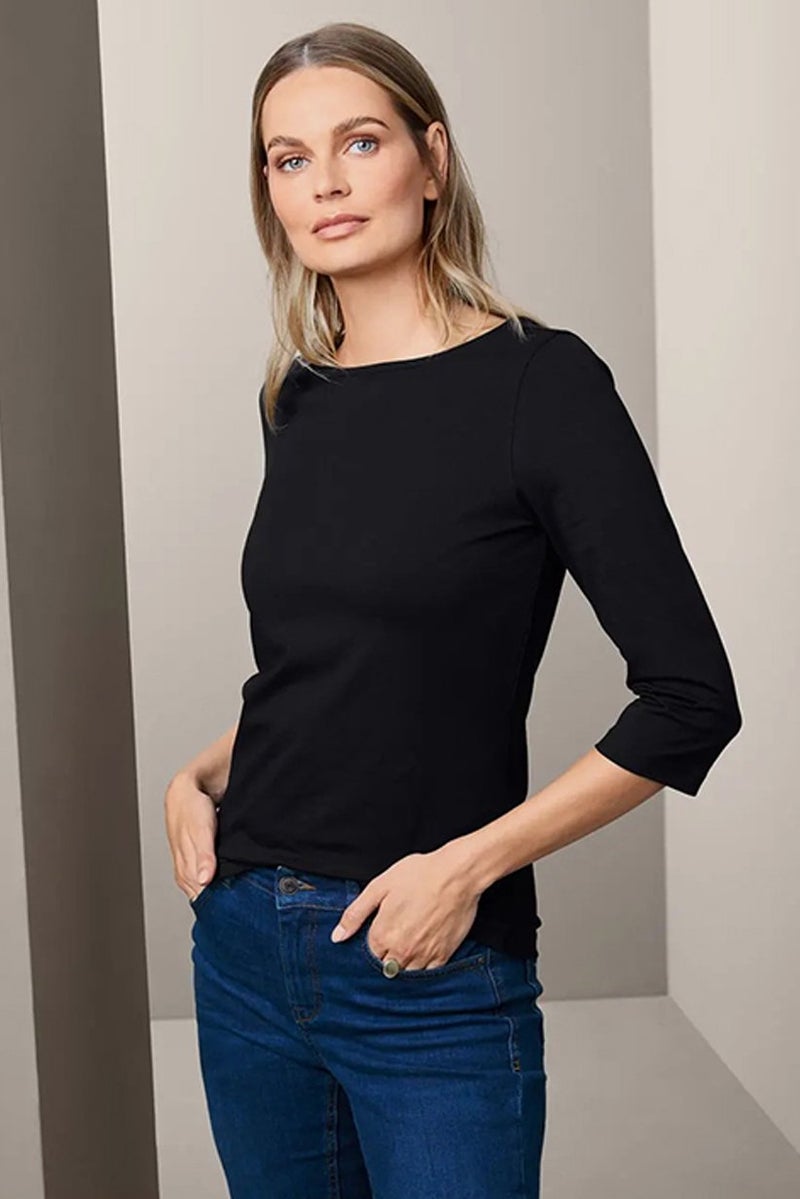 Tchibo Women Round Neck 3/4 Sleeve Plain Blouse, Black - Image 1