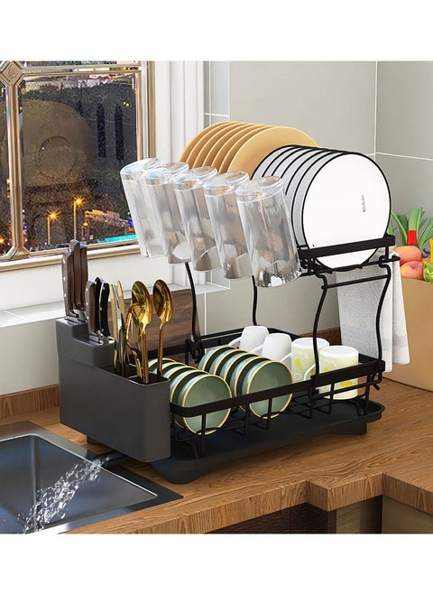 2 Tier Foldable Dish Drying Rack with Utensil Holder & Cutting Board Holder & Drainboard Tray, Rotatable Drainage System Scratch Resistant Frosted Baking Process Coatings