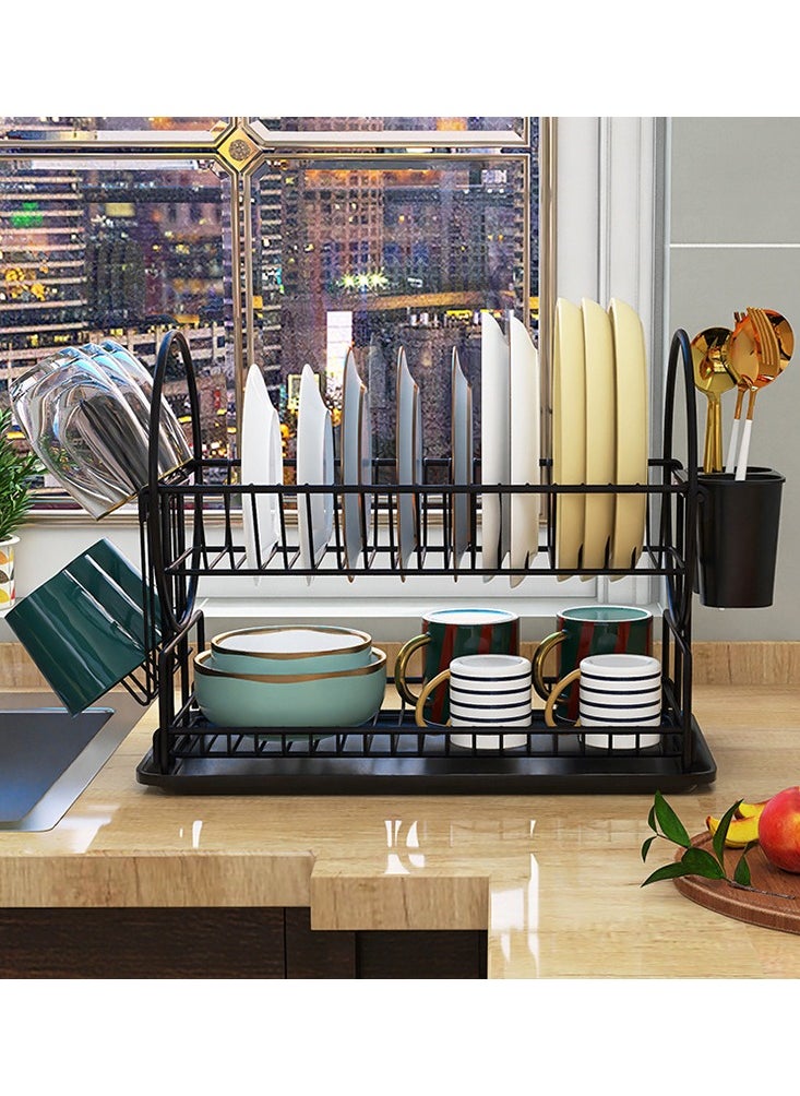 Generic - 2 Tier Foldable Dish Drying Rack with Utensil Holder & Cutting Board Holder & Drainboard Tray, Rotatable Drainage System Scratch Resistant Frosted Baking Process Coatings - Image 1