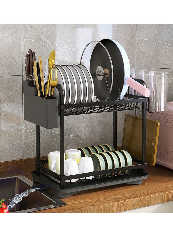 Generic - 2 Tier Foldable Dish Drying Rack with Utensil Holder & Cutting Board Holder & Drainboard Tray, Rotatable Drainage System Scratch Resistant Frosted Baking Process Coatings - Image 1