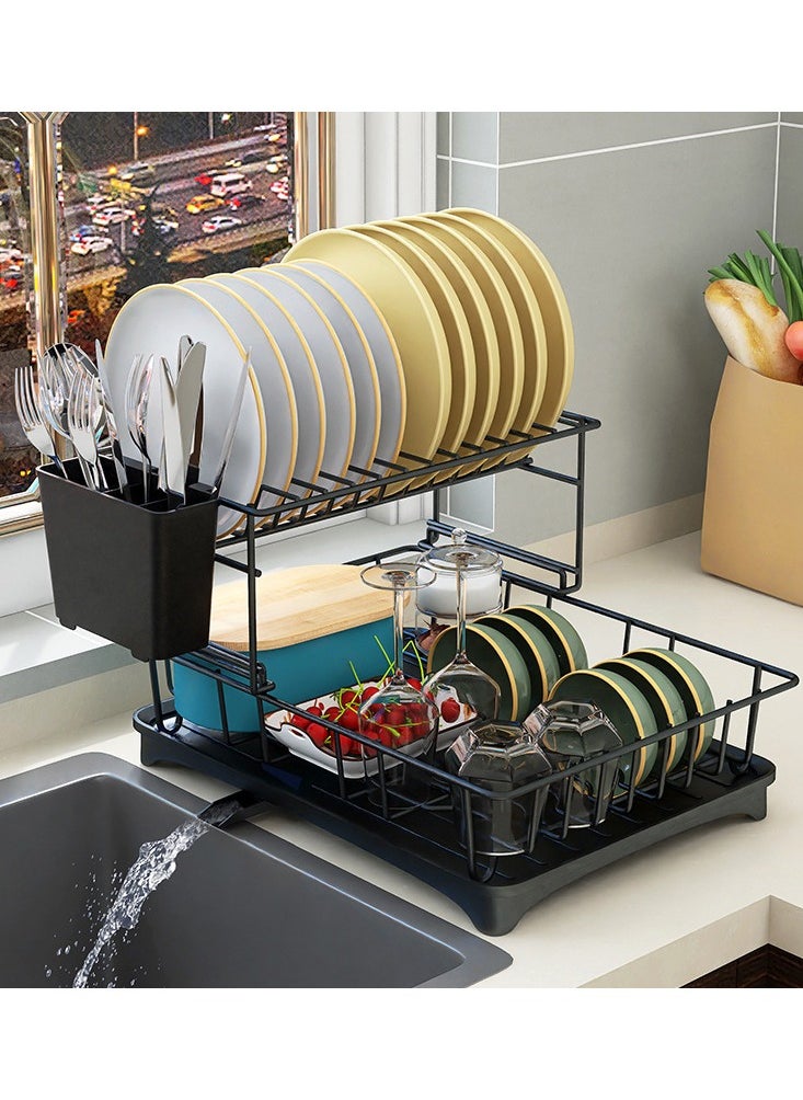 Generic - 2 Tier Foldable Dish Drying Rack with Utensil Holder & Cutting Board Holder & Drainboard Tray, Rotatable Drainage System Scratch Resistant Frosted Baking Process Coatings - Image 1