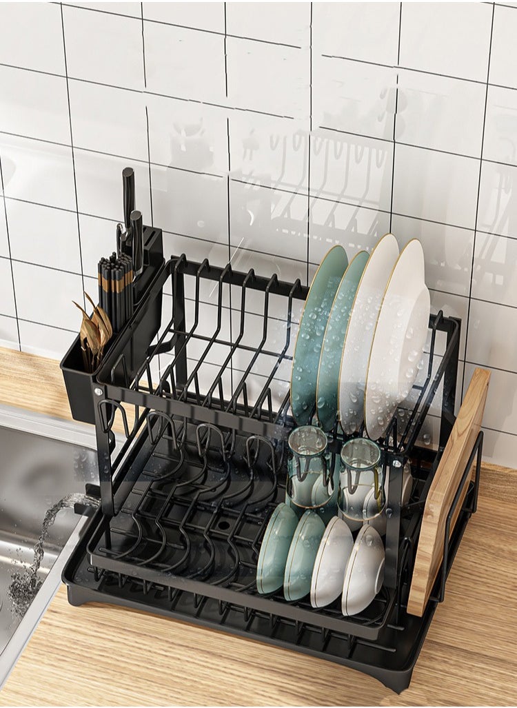 Generic - 2 Tier Foldable Dish Drying Rack with Utensil Holder & Cutting Board Holder & Drainboard Tray, Rotatable Drainage System Scratch Resistant Frosted Baking Process Coatings - Image 1