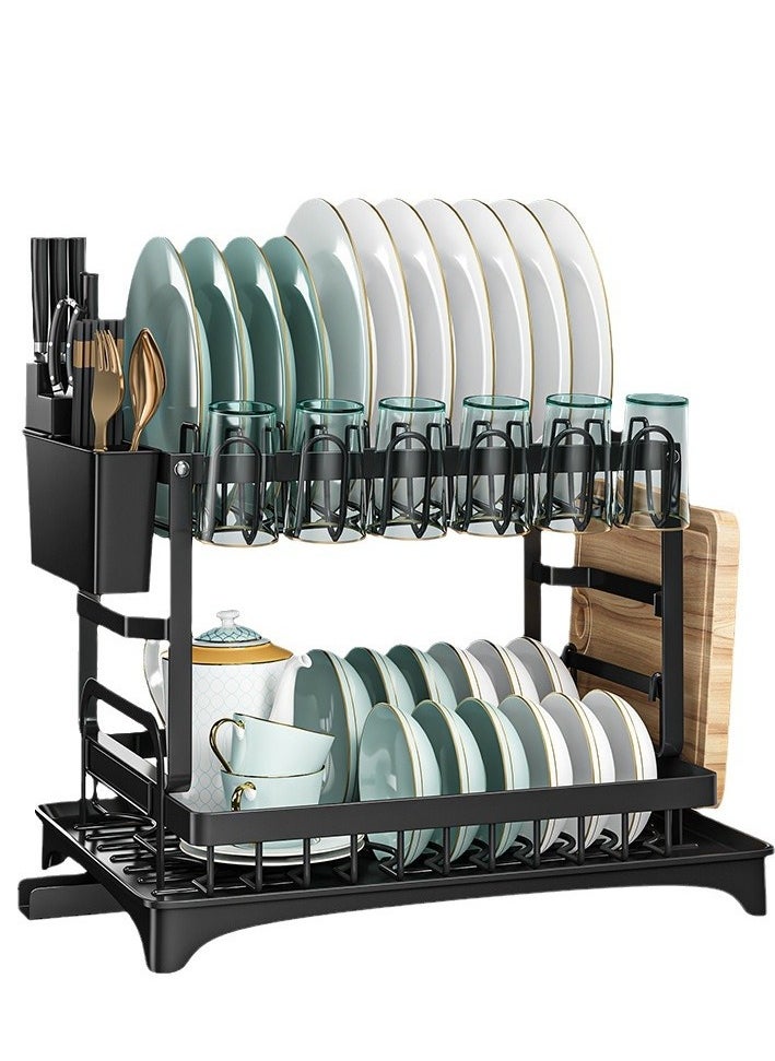 Generic - 2 Tier Foldable Dish Drying Rack with Utensil Holder & Cutting Board Holder & Drainboard Tray, Rotatable Drainage System Scratch Resistant Frosted Baking Process Coatings - Image 1