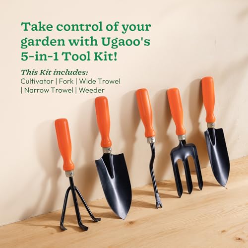 UGAOO Gardening Tools Kit for Home Garden – 5 Pcs Garden Tools Set with Cultivator, Fork, Narrow Trowel, Wide Trowel & Weeder | Heavy Duty Planting Tools for Home Gardening - Image 2