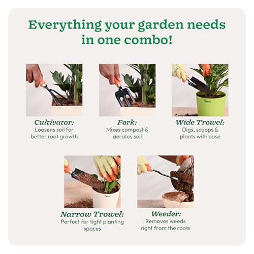 UGAOO Gardening Tools Kit for Home Garden – 5 Pcs Garden Tools Set with Cultivator, Fork, Narrow Trowel, Wide Trowel & Weeder | Heavy Duty Planting Tools for Home Gardening - Image 3