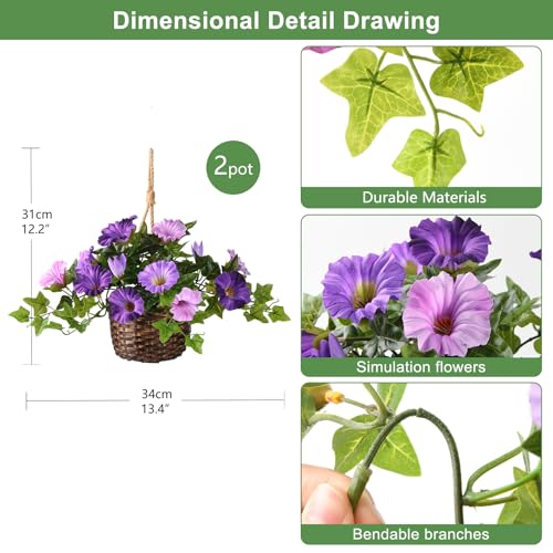 ZFProcess 2 Set Artificial Outdoor Flowers with Hanging Basket, 2 Hanging Planters Faux Silk Morning Glory Flowers for Spring Summer Front Porch Garden Patio Home Decor(Dark Orchid) - Image 2