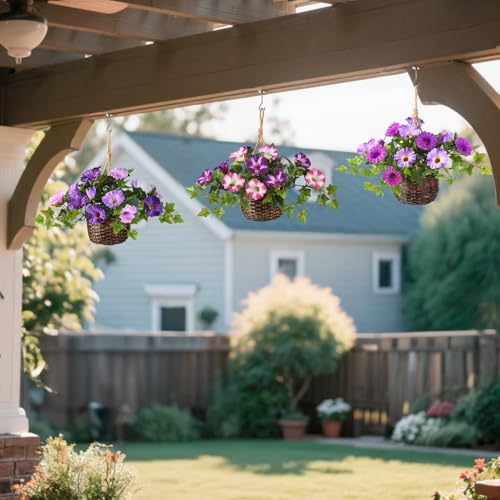ZFProcess 2 Set Artificial Outdoor Flowers with Hanging Basket, 2 Hanging Planters Faux Silk Morning Glory Flowers for Spring Summer Front Porch Garden Patio Home Decor(Dark Orchid) - Image 5