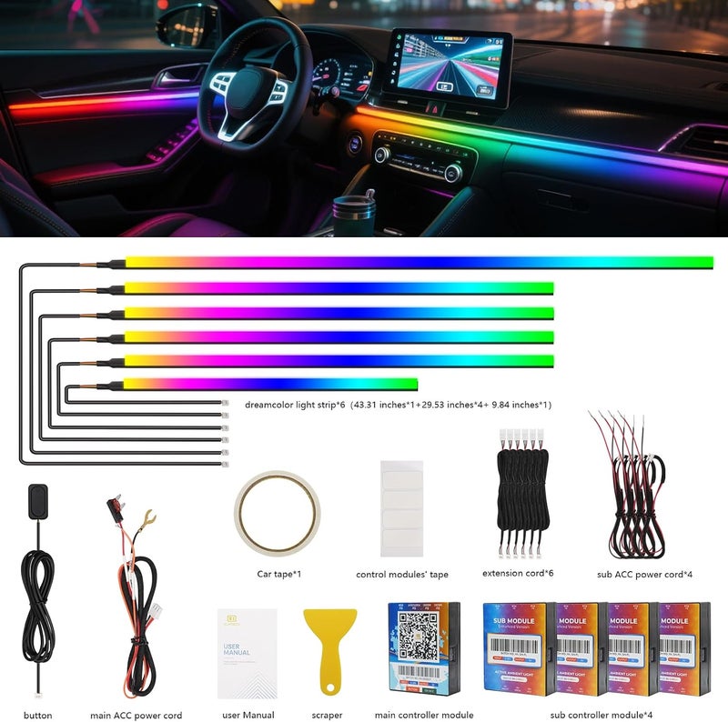 Amki 2025 Upgraded Dreamcolor Acrylic Interior Car LED Strip Light with Wireless Self-Developed APP, RGB 6 in 1 Fiber Optic Strip Lights, Dynamic Chasing Music Sync Neon Car Ambient Lighting Kits - Image 2