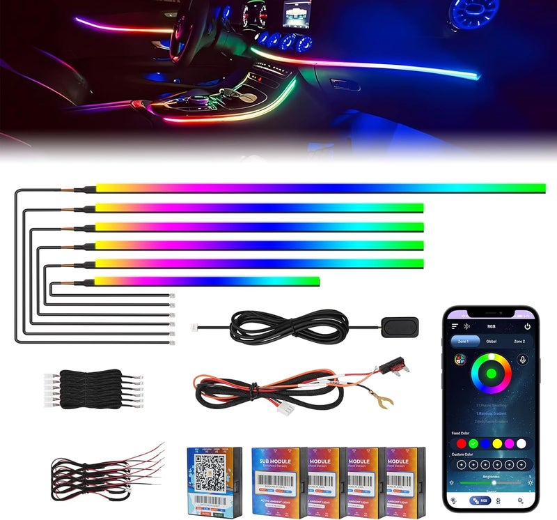 Amki 2025 Upgraded Dreamcolor Acrylic Interior Car LED Strip Light with Wireless Self-Developed APP, RGB 6 in 1 Fiber Optic Strip Lights, Dynamic Chasing Music Sync Neon Car Ambient Lighting Kits - Image 1